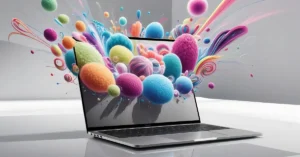 A laptop releases a burst of colorful balls, depicted in cario vector graphics, symbolizing creativity and digital expression.